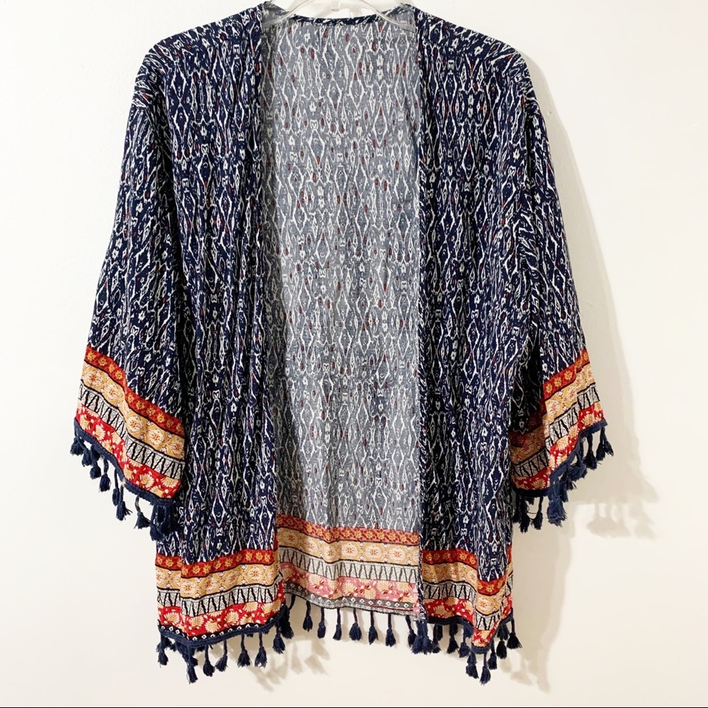 Unbranded Boho Style Three Quarter  Sleeve Open Front Kimono Tassel Fringe Light